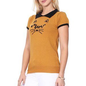 T-Shirt Women's Meow Cat Collar Classic Contrast Knit Sweater Top Short Sleeve